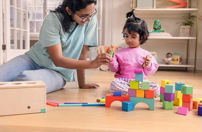 LOVEVERY | The Block Set | Solid Wood Building Blocks and Shapes + Wooden Storage Box, 70 Pieces, 18 Colors, 20+ Activities, Toddler Block Set and Converts into a Pull Car, Ages 12 to 48+ months