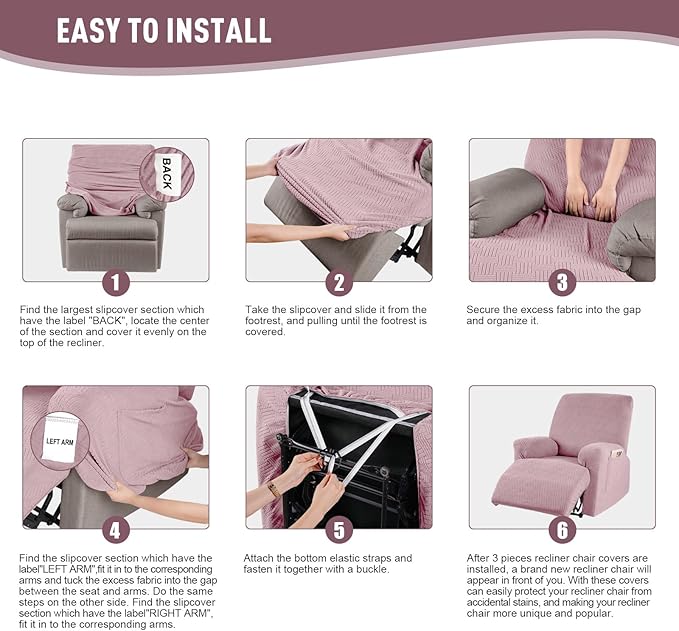 KinCam Recliner Covers, Stretch Reclining Chair Covers, Recliner Sofa Slipcovers Stripe Jacquard Recliner Couch Covers Furniture Protector Covers for Pet Kid (1 Seater, Pink)