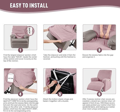 KinCam Recliner Covers, Stretch Reclining Chair Covers, Recliner Sofa Slipcovers Stripe Jacquard Recliner Couch Covers Furniture Protector Covers for Pet Kid (1 Seater, Pink)