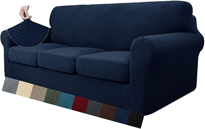 MAXIJIN 4 Piece Jacquard Extra Large Couch Covers for 3 Cushion Couch Super Stretch Non Slip Couch Cover for Dogs Pet Friendly Sofa Slipcover Furniture Protector (Oversized Sofa, Navy Blue)