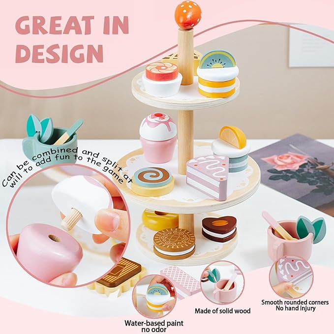 Wooden Tea Party Set, Tea Sets for Toddlers 3-5, Toddler Tea Set with Dessert Cookies & Cake Stand, Kids Tea Sets for Girls, Little Girl Tea Party Set Birthday