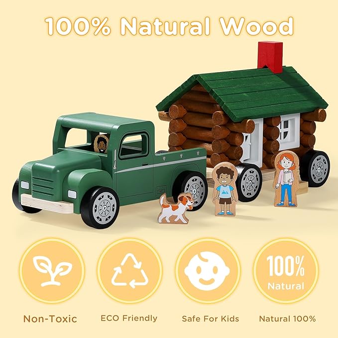 SainSmart Jr. Wooden Truck Building Playset for Kids, Vintage Camper RV Compatible with Lincoln Logs, STEM Educational Toy, Perfect Retro Gift for Ages 3+