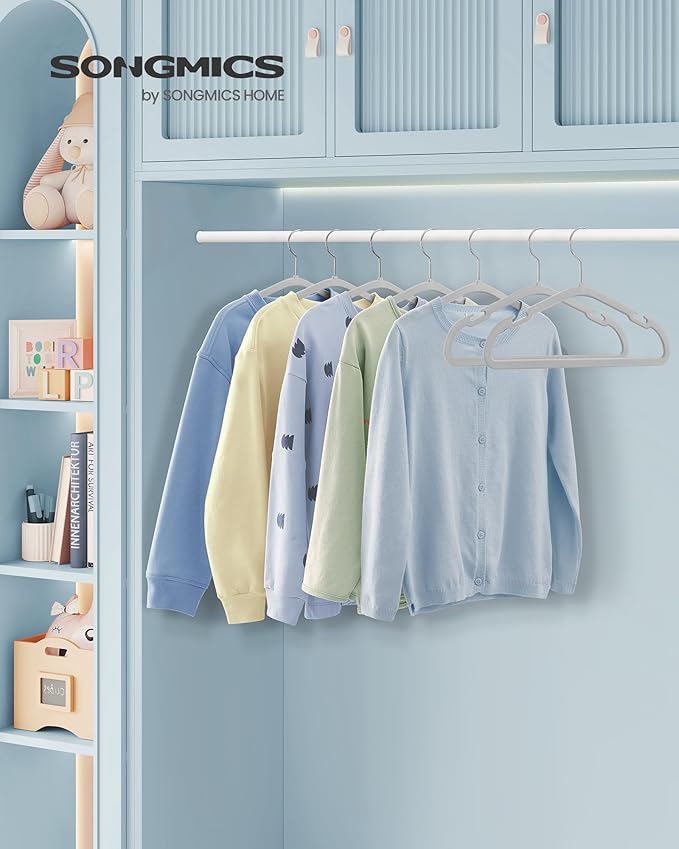 SONGMICS Kids Hangers 50 Pack, 14 x 8 Inches, Baby Hangers for Closet, Non-Slip Velvet Hangers, Childrens Hangers, Space-Saving Clothes Hangers, Wide Shoulder Notches, Dove Gray UCRF038G01