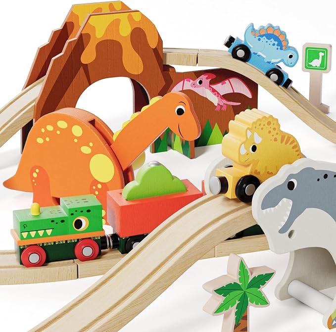 Lehoo Castle Wooden Train Set, Dinosaur Wooden Train Track Set, Wood Toy Train Set for Toddlers 2-4, Train Toys for Toddlers 3-5, Fits Thomas, Fits Brio, Fits Melissa and Doug