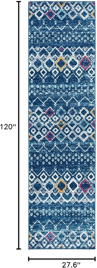 SAFAVIEH Amsterdam Collection Runner Rug - 2'3" x 10', Navy & Turquoise, Moroccan Boho Design, Non-Shedding & Easy Care, Ideal for High Traffic Areas in Living Room, Bedroom (AMS108M)