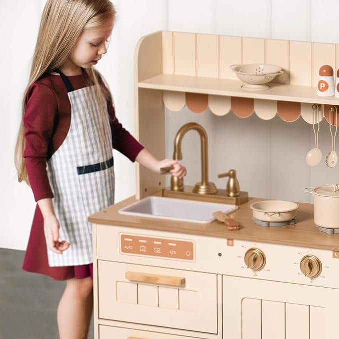 ROBUD Wooden Play Kitchen Set for Kids, Pretend Play Kitchen Toy Set with Golden Faucet, Sink, Oven, Stove, Cabinet, Vintage Style, Gift for Boys & Girls, Ages 3+