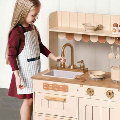 ROBUD Wooden Play Kitchen Set for Kids, Pretend Play Kitchen Toy Set with Golden Faucet, Sink, Oven, Stove, Cabinet, Vintage Style, Gift for Boys & Girls, Ages 3+