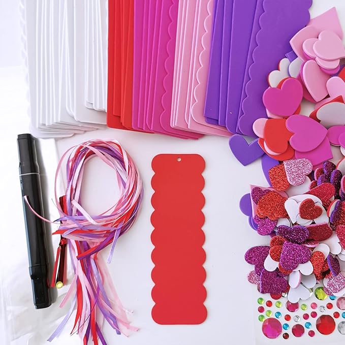 Winlyn 24 Sets Valentine's Day Decorations DIY Heart Bookmarks Valentine Craft Kits Blank Foam Bookmarks with Assorted Hearts Stickers for Kids Classroom Activities Reading Party Favors Gift Exchange