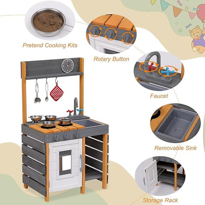 Mud Kitchen for Kids Outdoor - Kids Outdoor Play Kitchen Playset with Cookware Accessories - Perfect for Chef Pretend Play