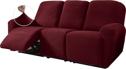 JIVINER Recliner Couch Cover, Jacquard 5 Piece Stretch Sofa Covers for 3 Cushion Reclining Lazy Boy Soft Washable Sofa Slipcovers Protector with Pockets (Recliner Sofa, Wine Red)