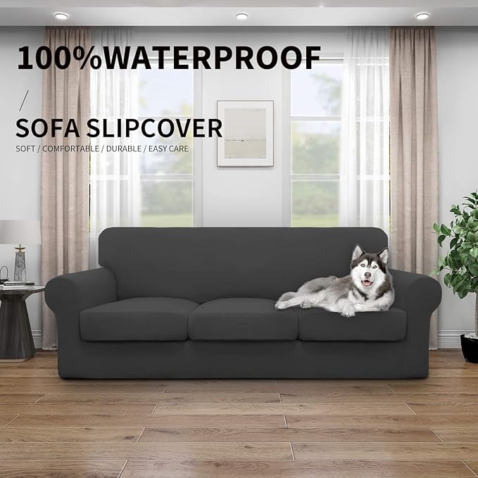 Easy-Going 100% Dual Waterproof Stretch Soft Couch Cover for Dogs, Sofa Slipcover for 3 Separate Cushion Couch Leakproof Furniture Protector for Kids, Pets Dark Gray