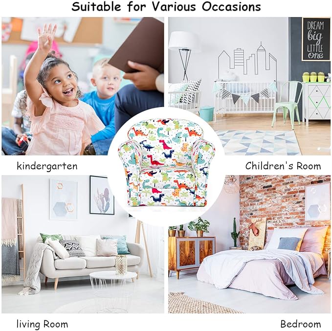 Costzon Kids Couch, Children's Sofa Armrest Chair with Pattern, Toddler Furniture w/Sturdy Wood Construction, Preschool, Lightweight Children Couch Sofa Chair for Aged 1-5 Boys & Girls Gifts, Dinosaur