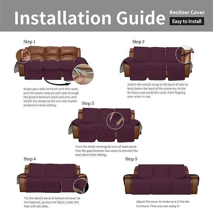 Easy-Going Recliner Sofa Cover, Reversible Couch Cover for 3 Seat Recliner, Split Sofa Cover for Each Seat, Furniture Protector with Elastic Straps for Kids, Dogs, Pets(3 Seater, Wine/Beige)