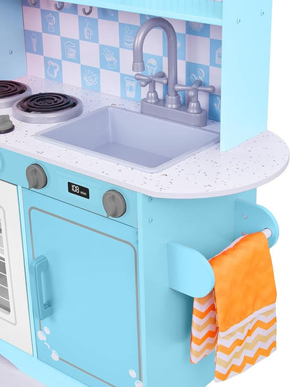 Lil' Jumbl Kids Kitchen Set, Pretend Wooden Play Kitchen with Chalk Board, Play Phone, Towel Rack & Ice Dispenser, Clicking Knobs, Pots & Utensils Included - Blue