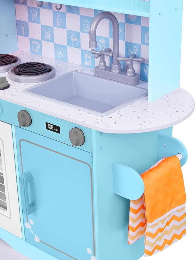 Lil' Jumbl Kids Kitchen Set, Pretend Wooden Play Kitchen with Chalk Board, Play Phone, Towel Rack & Ice Dispenser, Clicking Knobs, Pots & Utensils Included - Blue