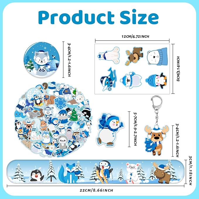 98 PCS Winter Arctic Animals Party Favors, Winter Arctic Polar Animals Stickers Temporary Tattoos Slap Bracelets Keychains Badges Arctic Animals Birthday Party Decorations Supplies for Kids