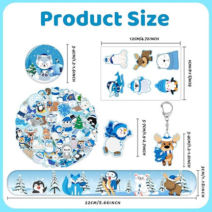 98 PCS Winter Arctic Animals Party Favors, Winter Arctic Polar Animals Stickers Temporary Tattoos Slap Bracelets Keychains Badges Arctic Animals Birthday Party Decorations Supplies for Kids