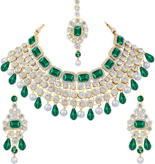 Aheli Kundan and Simulated Colored Stones Indian Ethnic Maang Tikka Necklace and Earrings Set Bollywood Festive Statement Jewelry Gift for Women