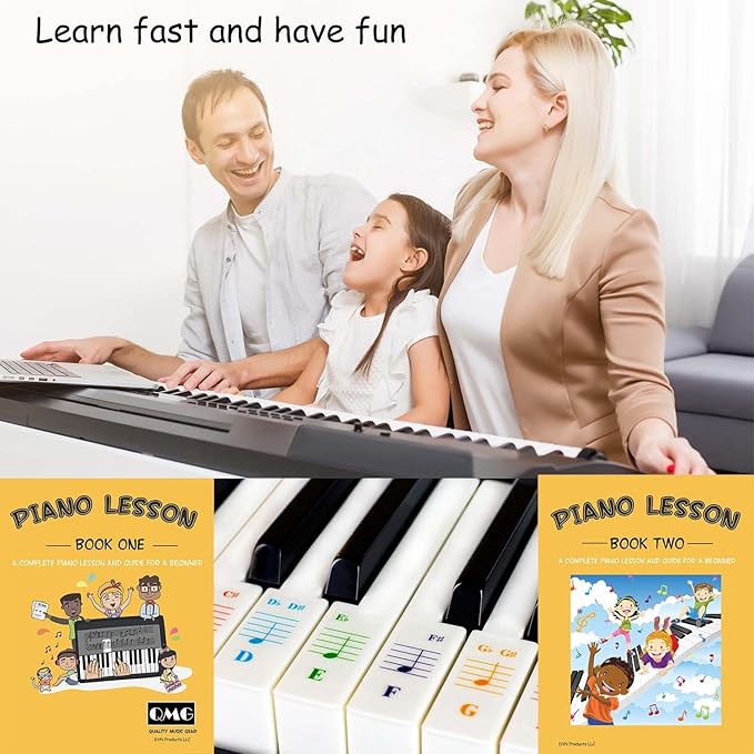 QMG Color Piano and Keyboard Stickers and Complete Color Note Piano Music Lesson and Guide Book 1 and Book 2 for Kids and Beginners; Designed and Printed in USA