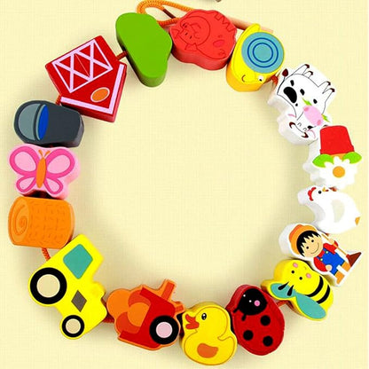 Lacing Farm Toy Wooden Block Set, Early Educational Toys String & Lacing Beads Games for Toddlers Kids Farm Animal Learning Play Set (16 Pieces)