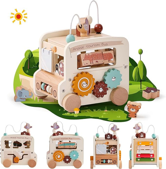 Wooden Activity Cube 8-in-1 Montessori Toys | Multifunctional Early Educational Learning Toys | Activity Cube for Baby Shape Sorter Xylophone Animal Travel Bus Toys Boy Girl Birthday Gift（Beige Bus）
