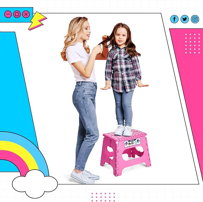 Delxo Folding Step Stool,11 Inch Non-Slip Foldable Step Stools for Kids and Adults,Portable Foldable Step Stool Lightweight Small Folding Stool with Handle for Kitchen Bathroom in Pink,1 Pack