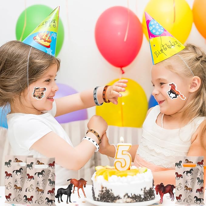 106 Pc Horse Party Favors Set - Supplies Include 20 Bags, 12 Silicone Bracelets, 12 Keychains, 12 Mini Toys & 50 Stickers for Horse Party