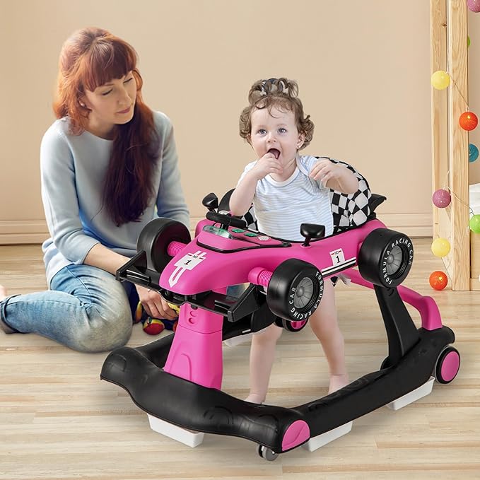 GLACER Foldable Baby Walker, 4-in-1 Infant Walker with Adjustable Height & Speed, Music, Light, Steering Wheel & Washable Cushion, Baby Walker Activity Center for Boys Girls 6 –18 Months (Pink)