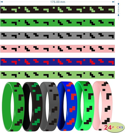 Pixel Miner Theme Party Favors, 24 Pieces Silicone Bracelets Wristband Small Size,Birthday Party Supplies,Valentines Day Gifts for Kids Classroom