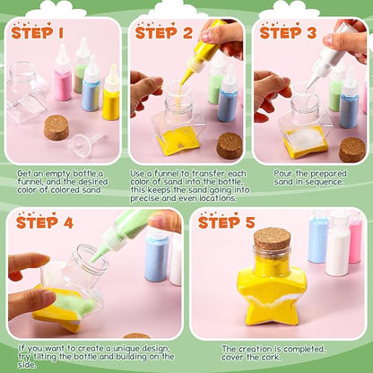 65 Pcs Plastic Sand Art Bottles with Corks Include 20pcs 3.4oz Sand Art Bottles, 40 Colored Art Sand, 5 Plastic Funnels Plastic Clear Containers for Sand Art Fun Arts Crafts Supplies (Star)