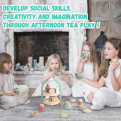 GAGAKU Wooden Tea Set for Little Girls Tea Set for Toddler Food Pretend Play Accessories Kids Kitchen Playset Tea Set for Toddlers