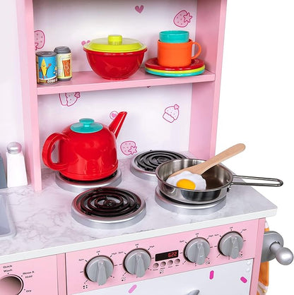 Lil' Jumbl Kids Kitchen Set, Pretend Wooden Play Kitchen, Battery Operated Icemaker & Microwave with Realistic Sound, Pots & Pan Included - Pink