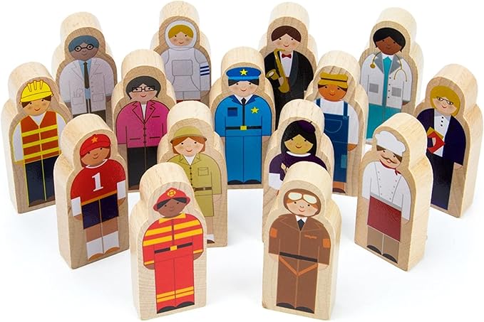 Little Professionals Wooden Character Set - Cute Wood Block People Toys for Kids & Toddlers - Open Ended STEM Pretend Play & Educational Games for Children, Boys & Girls (15-Pieces)