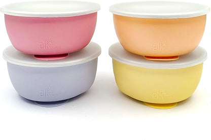 Elk and Friends Stainless Steel Bowls with Silicone Sleeve for Babies & Toddlers | Lids Included | Stay Put Suction | Cereal & Snack Bowls | 4 Pack