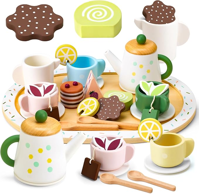 WHOHOLL Wooden Tea Party Set for Little Girls Play Food, Toddler Girl Toys Play Kitchen Accessories with Teapot Tea Cup Dessert Toys 4 Set Playset- Pretend Play Set for Toddlers 1 2 3 5