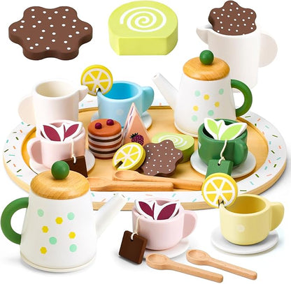 WHOHOLL Wooden Tea Party Set for Little Girls Play Food, Toddler Girl Toys Play Kitchen Accessories with Teapot Tea Cup Dessert Toys 4 Set Playset- Pretend Play Set for Toddlers 1 2 3 5