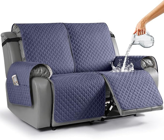 TAOCOCO Waterproof Recliner Loveseat Cover Non-Slip Sofa Slipcover, Pet Couch Cover for Loveseat Recliner with Straps, Washable Reclining Loveseat Cover Furniture Protector (2 Seater, Bluish Gray)