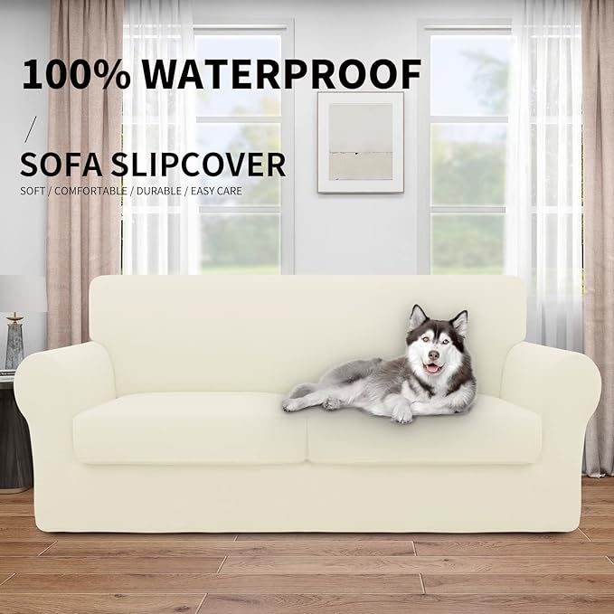 Easy-Going 100% Dual Waterproof Oversized Loveseat Cover Stretch Soft Couch Cover for Dogs, Sofa Slipcover for 2 Separate Cushion Couch Leakproof Furniture Protector for Kids, Pets Ivory