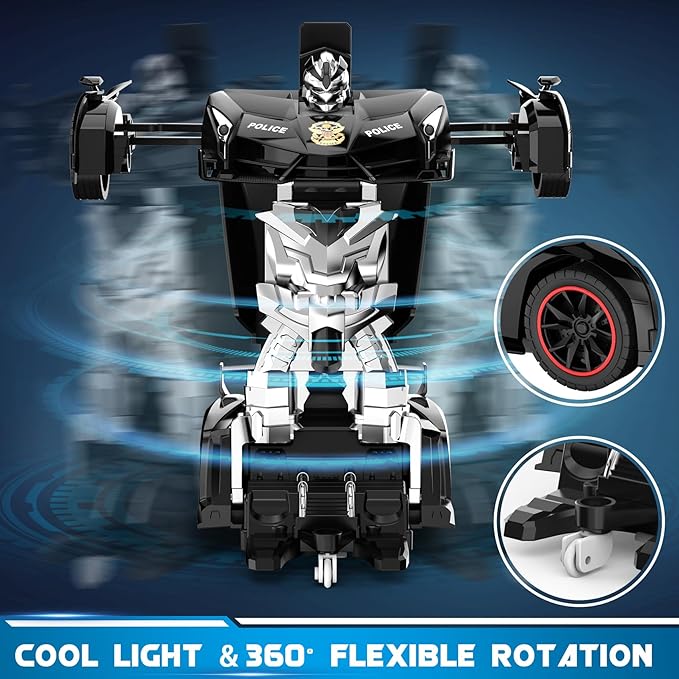 FDJ Remote Control Car - Transform Car Robot, One Button Deformation to Robot with Flashing Light, 2.4Ghz 1:18 Scale Transforming Police Car Kids Toys with 360 Degree Rotating Drifting, Toys