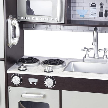 Kitchen Playset for Kids Ages 3-8, Wooden Pretend Play Kitchen with Realistic Sounds, Including Telephone, Ice Maker, Refrigerator, Dimensions: 35” H x 31” W x 12” D (Black)