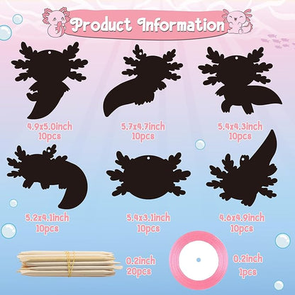 B1ykin 60Pcs Axolotl Scratch Card Gifts Ornaments Set, DIY Magic Axolotl Scratch Cards Craft Kit for Kids, Black Hanging Tags Party Favors for Birthday School Classroom Art Activity