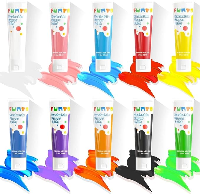 Funto Washable Finger Paint for Kids, Safe & Non-Toxic Finger Painting for Toddlers 1-3, Bath Paint, Toddler Art Painting Supplies, 10 Assorted Colors