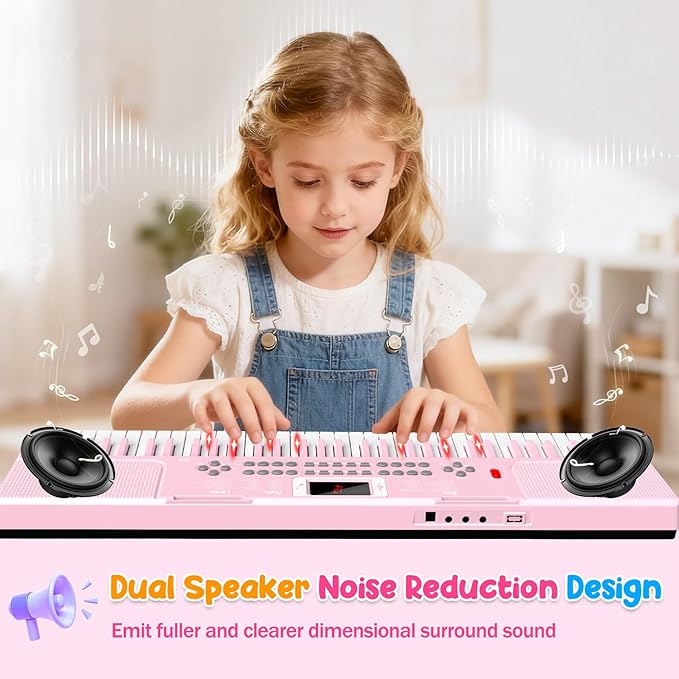 Piano Keyboard, 61 Key Upgrade Kids Pianos Music Toy with Light-up Keys & Pro Teaching Modes, Dual Speaker, 70 Demos,100 Tones, 100 Rhythms Perfect Christmas/Birthday Gift for Kids (Pink)