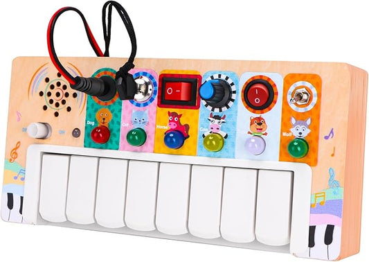 Wooden Piano Practice Board - Baby Toys - Piano Keys and Animal Calling Light Switch Sensory Toys for Babies and Toddlers of All Ages - Ideal Montessori Gift for Boys and Girls