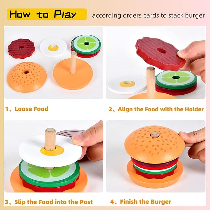 Montessori Toys for 3+ Year Old, Wooden Hamburger Stacking Food Toys for Toddlers 3 4 5, Preschool Learning Activities Fine Motor Toys, Kids Educational Gift for Boys Girls Birthday Christmas