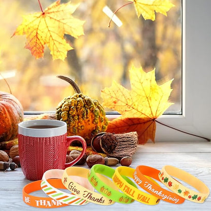 AnyDesign 35Pcs Thanksgiving Fall Rubber Bracelet Party Favors Colorful Waterproof Silicone Wristband Autumn Pattern Silicone Bracelets for Thanksgiving Fall Harvest Party Supplies Goodie Bag Filler