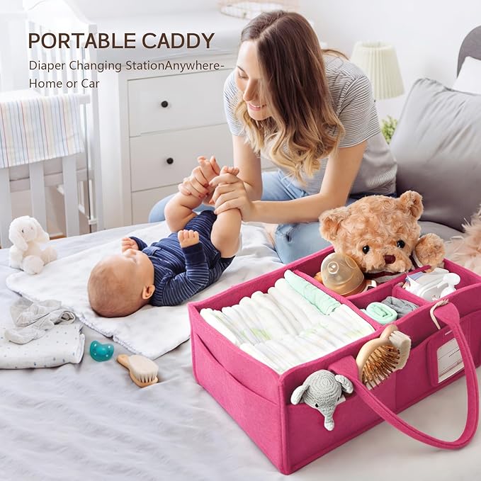 GEMII Diaper Caddy Organizer-Large Baby Caddy Organizer with Handle，Newborn Registry Essentials，Baby Shower Gift Basket for Boy or Girl (Pink, Large)