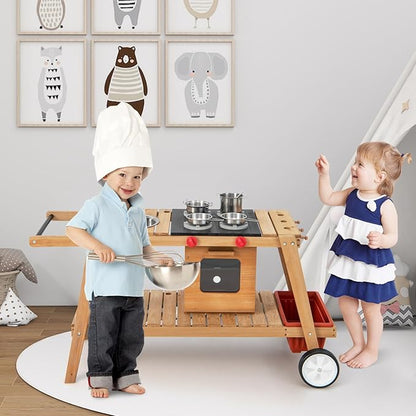 HONEY JOY Mud Kitchen with Umbrella, Wooden Rolling Mud Table Cart, Toddler Outdoor Kitchen Playset, Sink, Faucet, Planting Pots, Utensils, Storage Cabinet, Mud Kitchen for Kids Outdoor with Wheels