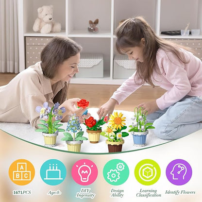 Flowers and Plant Building Set, (1671 Pcs) 8 Kinds Flowers Botanical Bonsai Building Set for Adults, Kids, Girls, Idea Gifts for Mother's Day, Birthdays, Creative Building Block Toys Decor for Home