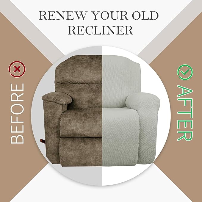 JIVINER 4-Piece Recliner Chair Covers Stretch Jacquard Covers for Recliner Chair Recliner Slipcovers for Living Room Soft Recliner Protector with Pocket (Recliner, Ivory)